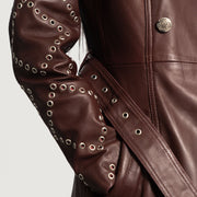 
クローズアップ詳細 of Notch & Button & Waist belt Hardware on Missoni マルーン レザートレンチコート レディース
