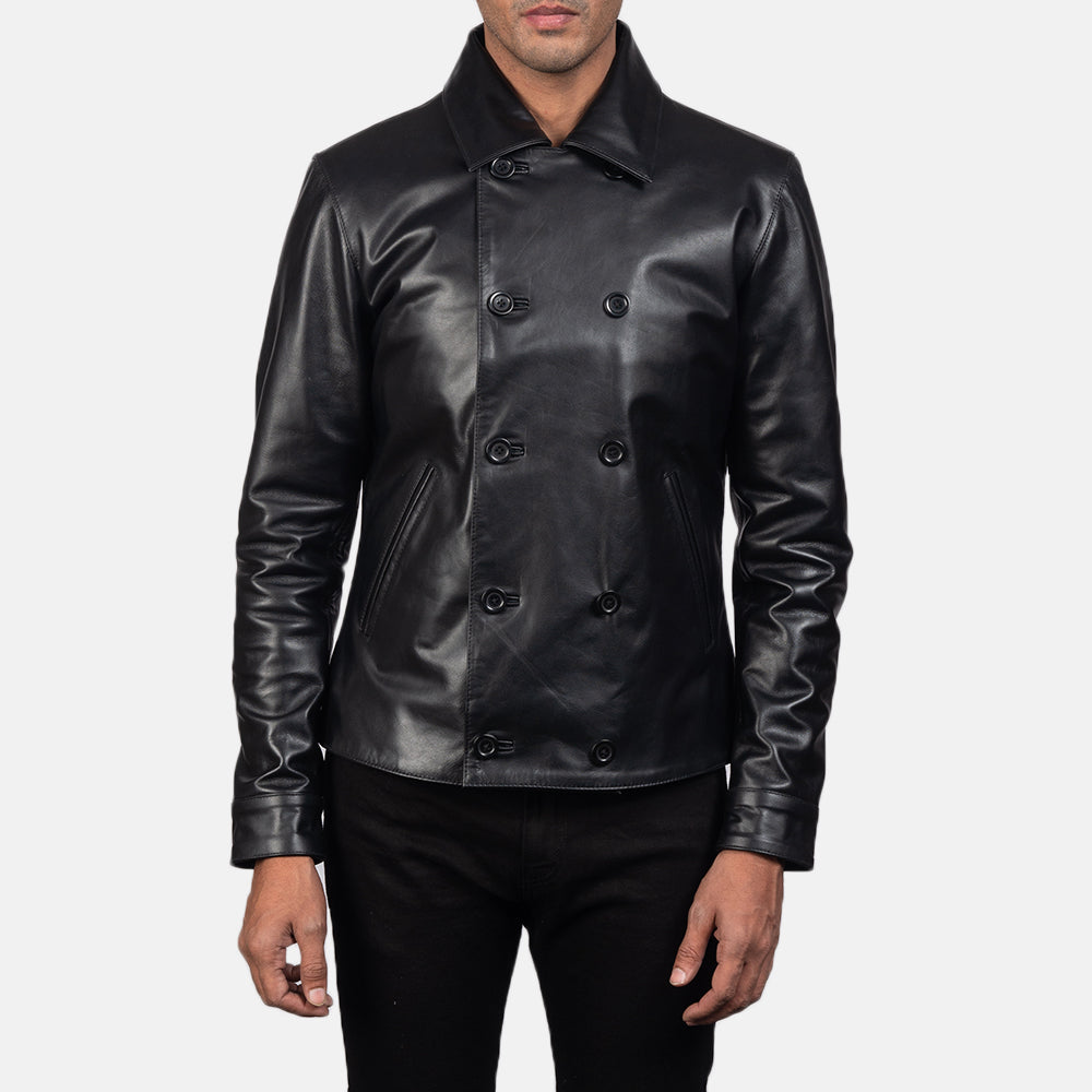 Mod ブラック Leather Peacoat メンズ in Black Cowhide Leather - Front Profile View &amp; Tailored Silhouette | Buy Online