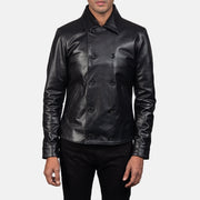 Mod ブラック Leather Peacoat メンズ in Black Cowhide Leather - Front Profile View &amp; Tailored Silhouette | Buy Online