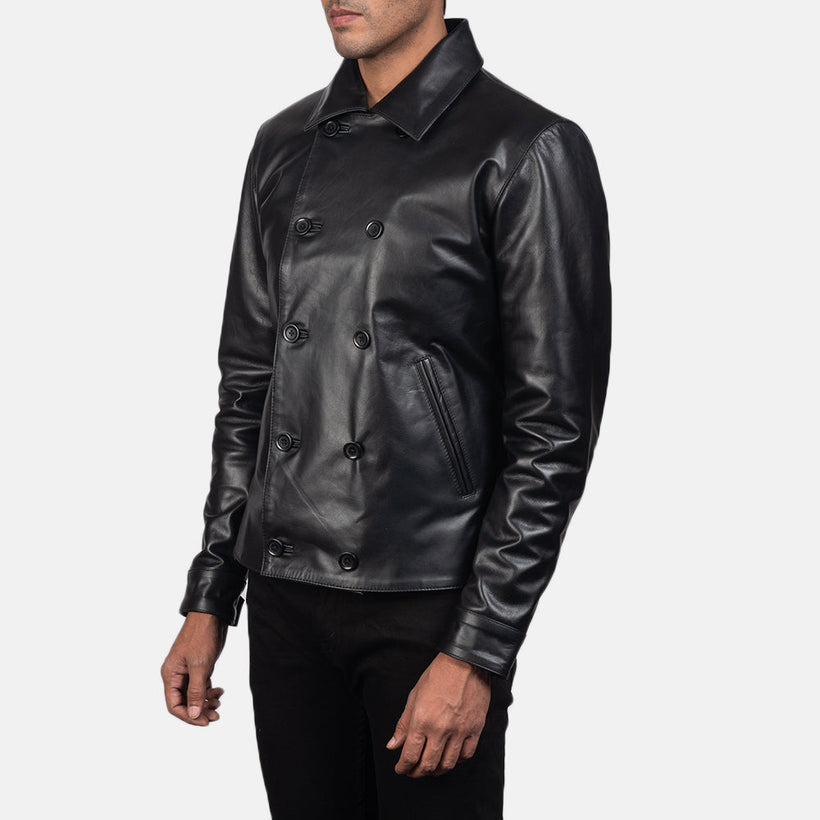 Mod ブラック Leather Peacoat メンズ