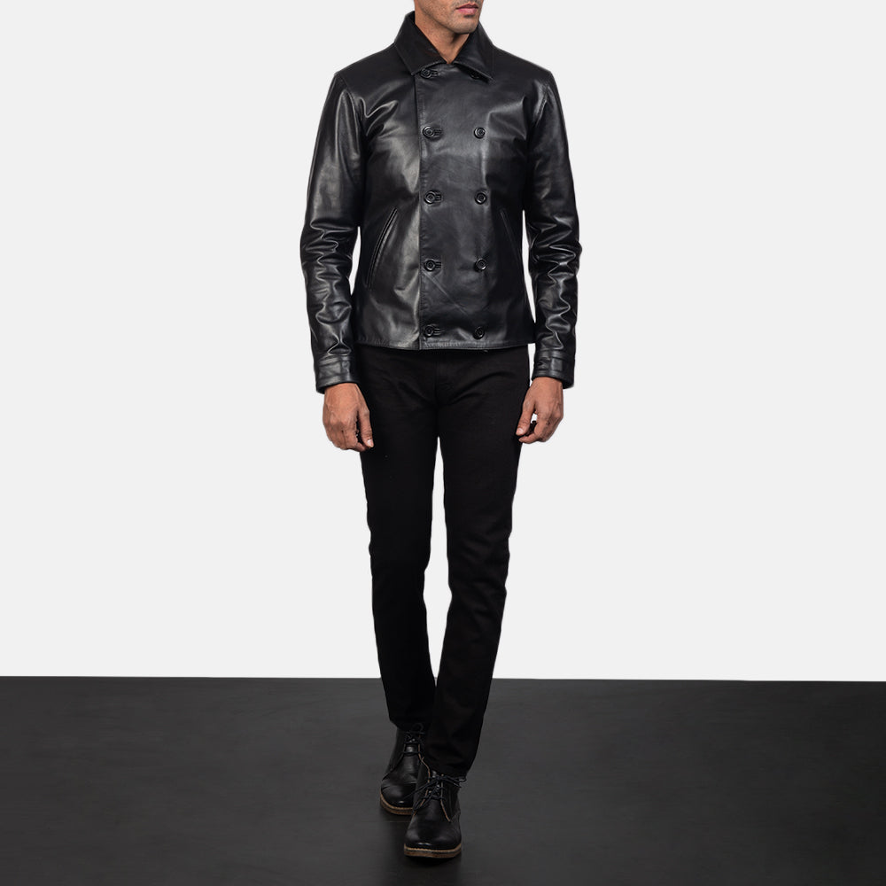 Mod ブラック Leather Peacoat メンズ - Lateral Side Profile View Showing Sleeve Cut &amp; Athletic Taper Fit
