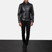 Mod ブラック Leather Peacoat メンズ - Lateral Side Profile View Showing Sleeve Cut &amp; Athletic Taper Fit