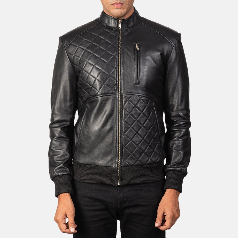 Close-Up Detail of Band & Zipper Hardware on Moda Black Leather Bomber Jacket
