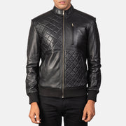 Close-Up Detail of Band & Zipper Hardware on Moda Black Leather Bomber Jacket