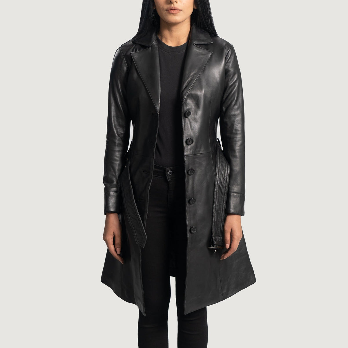 Women's Moonlight ブラック レザートレンチコート レディース in Black Sheepskin Leather - Front Profile View &amp; Tailored Silhouette | Buy Online