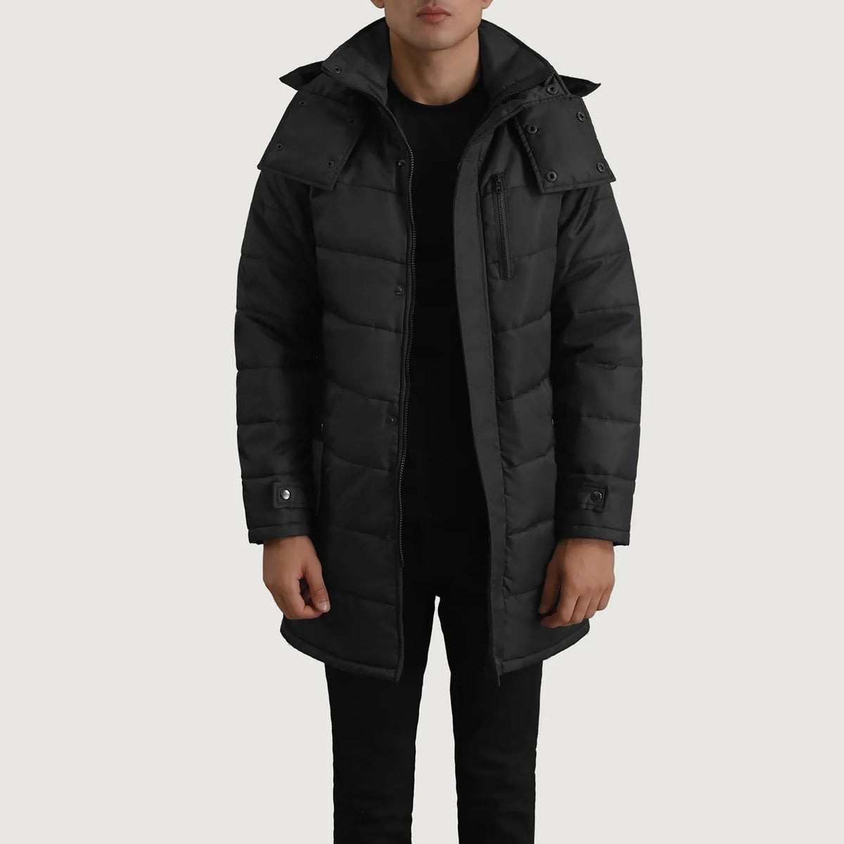 
Moore ブラック Hooded Parka メンズ ブラック カウハイド本革 - 正面スタイル＆テーラードシルエット | 公式オンライン通販