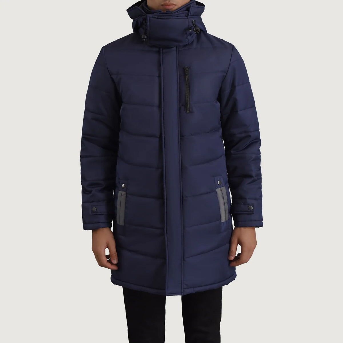 
クローズアップ詳細 of Classic Collar & Zipper With Snap Button Placket Hardware on Moore ブルー Hooded Parka メンズ