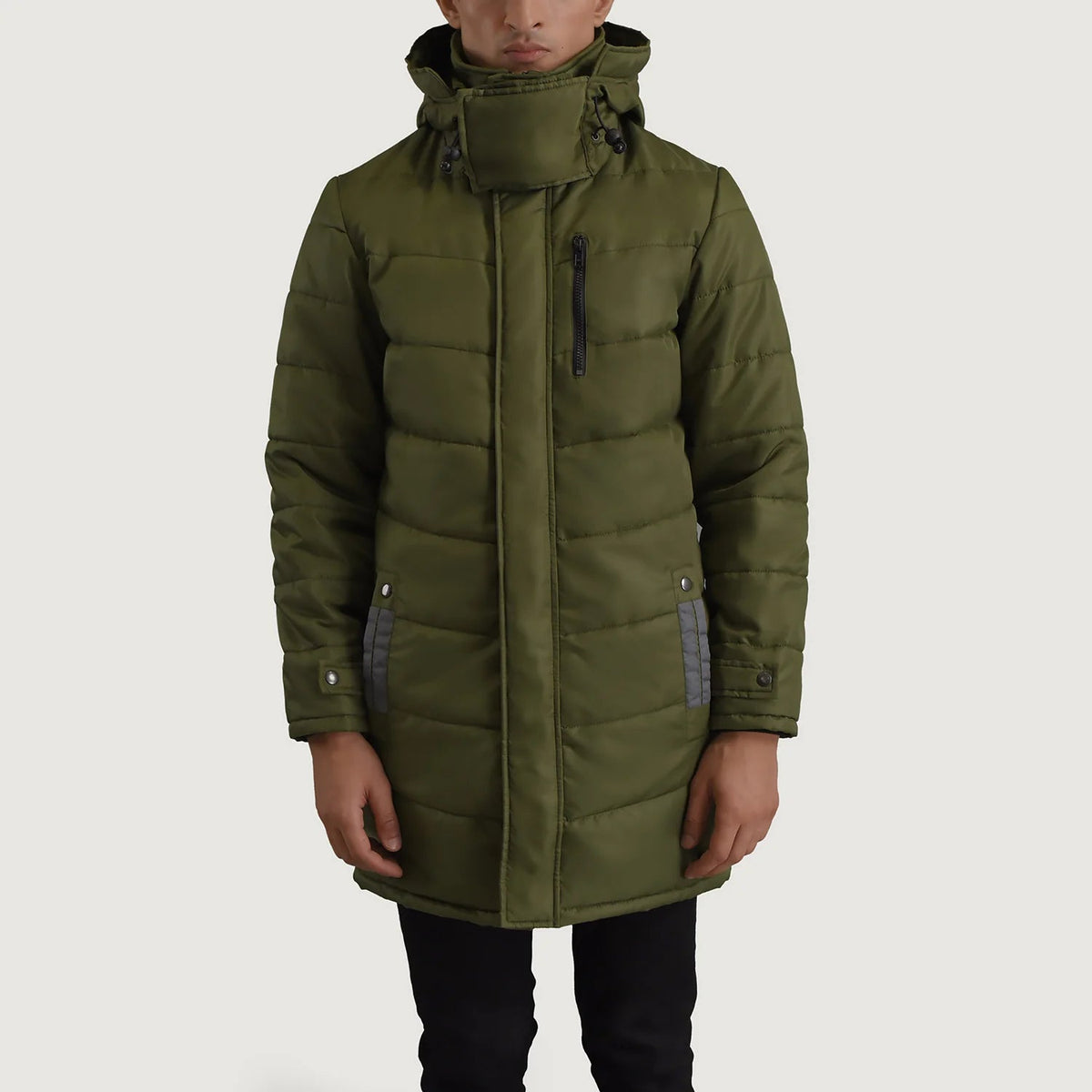 
クローズアップ詳細 of Classic Collar & Zipper With Snap Button Placket Hardware on Moore グリーン Hooded Parka メンズ