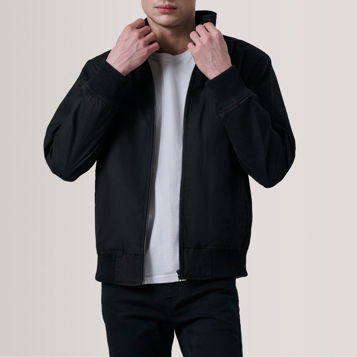 Morrison ブラック Canvas レザーボンバージャケット メンズ For Men in Black Waxed Cotton Canvas - Front Profile View &amp; Tailored Silhouette | Buy Online