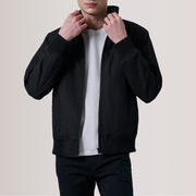 Morrison ブラック Canvas レザーボンバージャケット メンズ For Men in Black Waxed Cotton Canvas - Front Profile View &amp; Tailored Silhouette | Buy Online