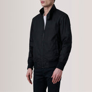 Morrison ブラック Canvas レザーボンバージャケット メンズ For Men - Lateral Side Profile View Showing Sleeve Cut &amp; Athletic Taper Fit