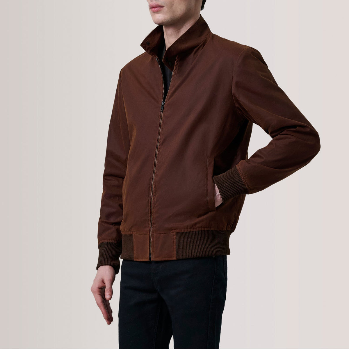 Morrison ブラウン Canvas レザーボンバージャケット メンズ For Men - Lateral Side Profile View Showing Sleeve Cut &amp; Athletic Taper Fit