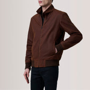Morrison ブラウン Canvas レザーボンバージャケット メンズ For Men - Lateral Side Profile View Showing Sleeve Cut &amp; Athletic Taper Fit
