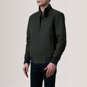 Morrison Olive Canvas レザーボンバージャケット メンズ For Men - Lateral Side Profile View Showing Sleeve Cut &amp; Athletic Taper Fit