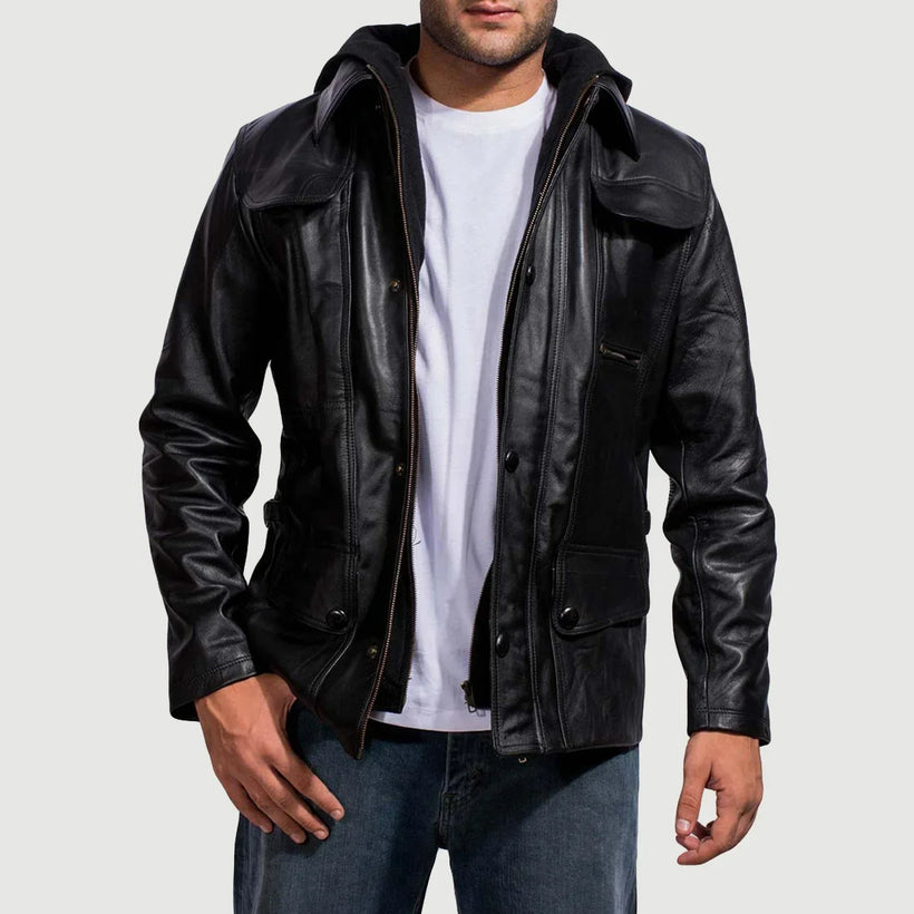 Moulder Hooded ブラック レザージャケット メンズ