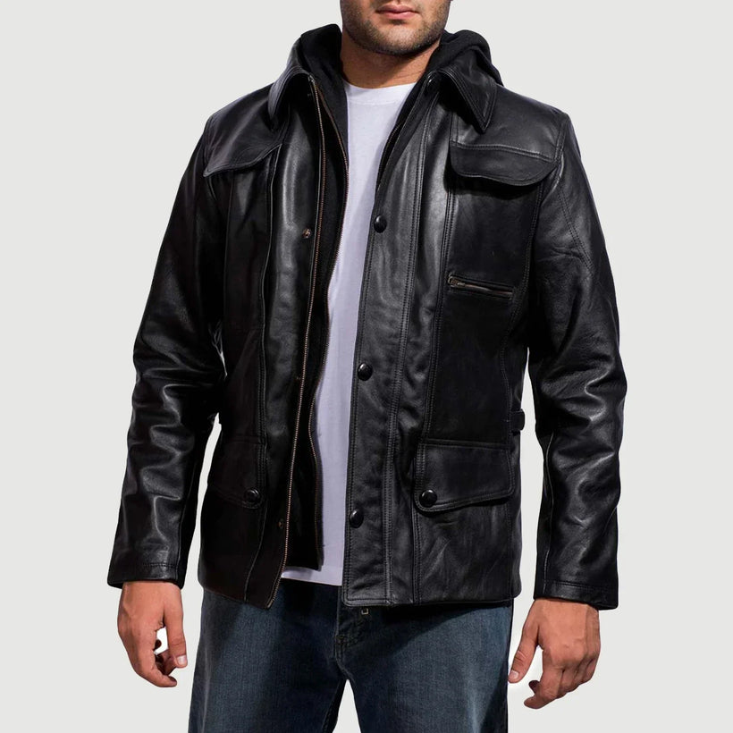 Moulder Hooded ブラック レザージャケット メンズ