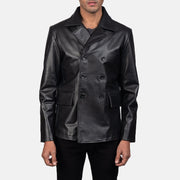 Men's Mr. Bailey ブラック Leather Naval Peacoat メンズ in Black Cowhide Leather - Front Profile View &amp; Tailored Silhouette | Buy Online