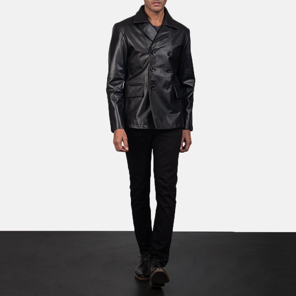 Men's Mr. Bailey ブラック Leather Naval Peacoat メンズ - Lateral Side Profile View Showing Sleeve Cut &amp; Athletic Taper Fit