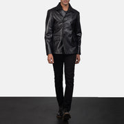 Men's Mr. Bailey ブラック Leather Naval Peacoat メンズ - Lateral Side Profile View Showing Sleeve Cut &amp; Athletic Taper Fit