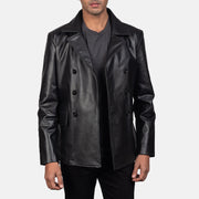Close-Up Detail of Notch &amp; Buttons Hardware on Men's Mr. Bailey ブラック Leather Naval Peacoat メンズ