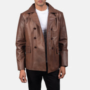 
クローズアップ詳細 of Notch & Buttons Hardware on Mr. Bailey ブラウン Leather Naval Peacoat メンズ