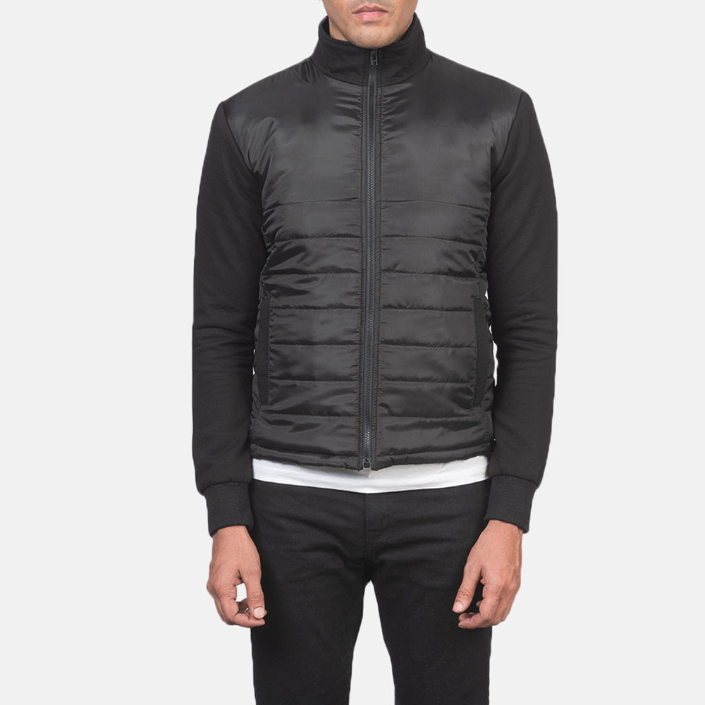 
クローズアップ詳細 of High Neck & Zipper with wind flap Hardware on Nashville キルティング ブラック Windbreaker レザージャケット メンズ
