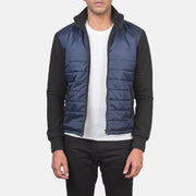 Men's Nashville キルティング ブルー Windbreaker レザージャケット メンズ in Blue &amp; Black Nylon (Torso) &amp;Amp; Knitted Fabric (Sleeves) - Front Profile View &amp; Tailored Silhouette | Buy Online
