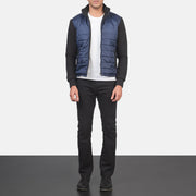 Men's Nashville キルティング ブルー Windbreaker レザージャケット メンズ - Lateral Side Profile View Showing Sleeve Cut &amp; Athletic Taper Fit