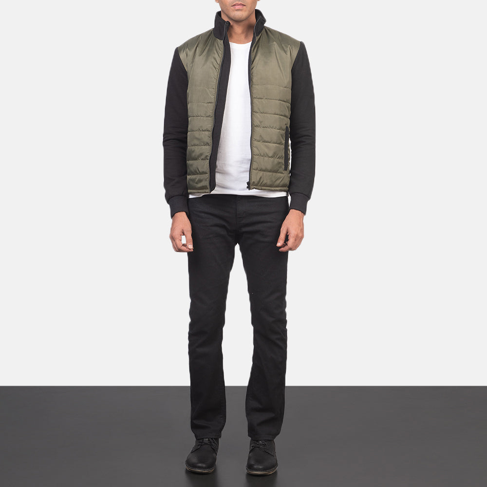 
Nashville キルティング グリーン Windbreaker レザージャケット メンズ - 袖の立体カッティングと洗練されたテーパードフィットを見せる側面ビュー