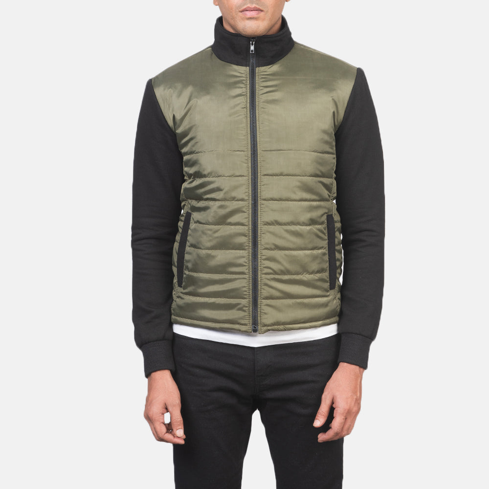
クローズアップ詳細 of High Neck & Zipper with wind flap Hardware on Nashville キルティング グリーン Windbreaker レザージャケット メンズ
