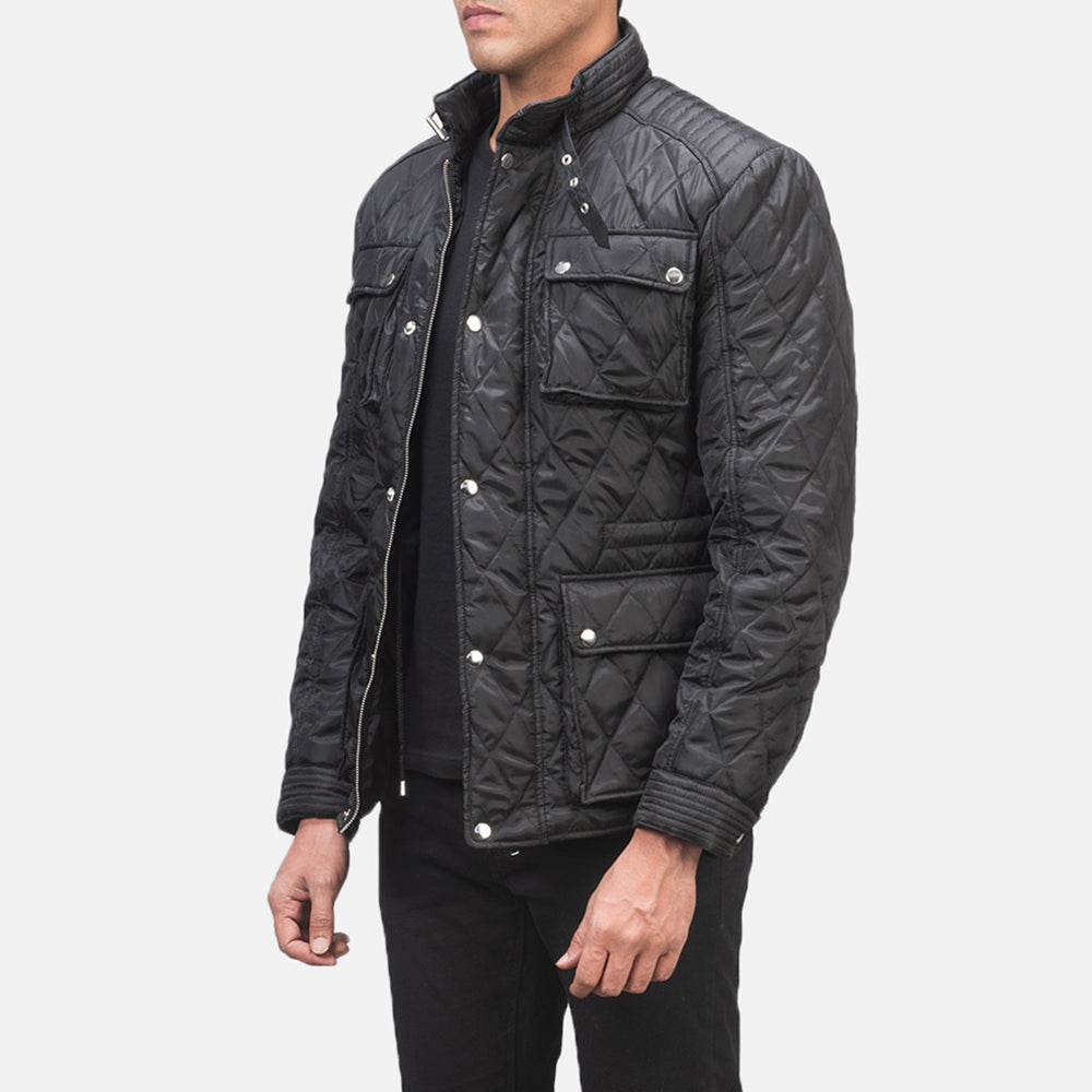 Black Polyester Winter Jacket - 美しい肩のラインと裾の仕立てが際立つ背面ビュー