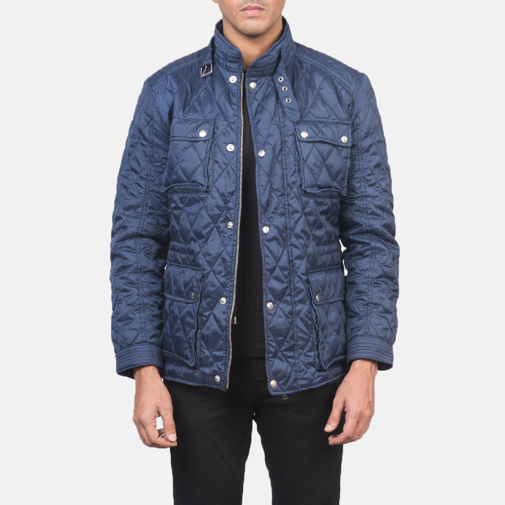Men's Nelson キルティング ブルー Windbreaker レザージャケット メンズ in Blue Nylon - Front Profile View &amp; Tailored Silhouette | Buy Online