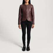 
クローズアップ詳細 of Classic Collar & Zipper Hardware on Nexi Quilted Maroon Leather Jacket