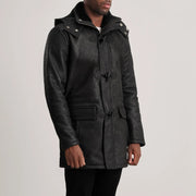 
Distressed Black Sheepskin Snuffed Hooded Jacket - 美しい肩のラインと裾の仕立てが際立つ背面ビュー