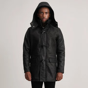 
クローズアップ詳細 of Band collar & Zipper with Toggle button Hardware on Nolan Black Snuffed Leather Duffle Coat