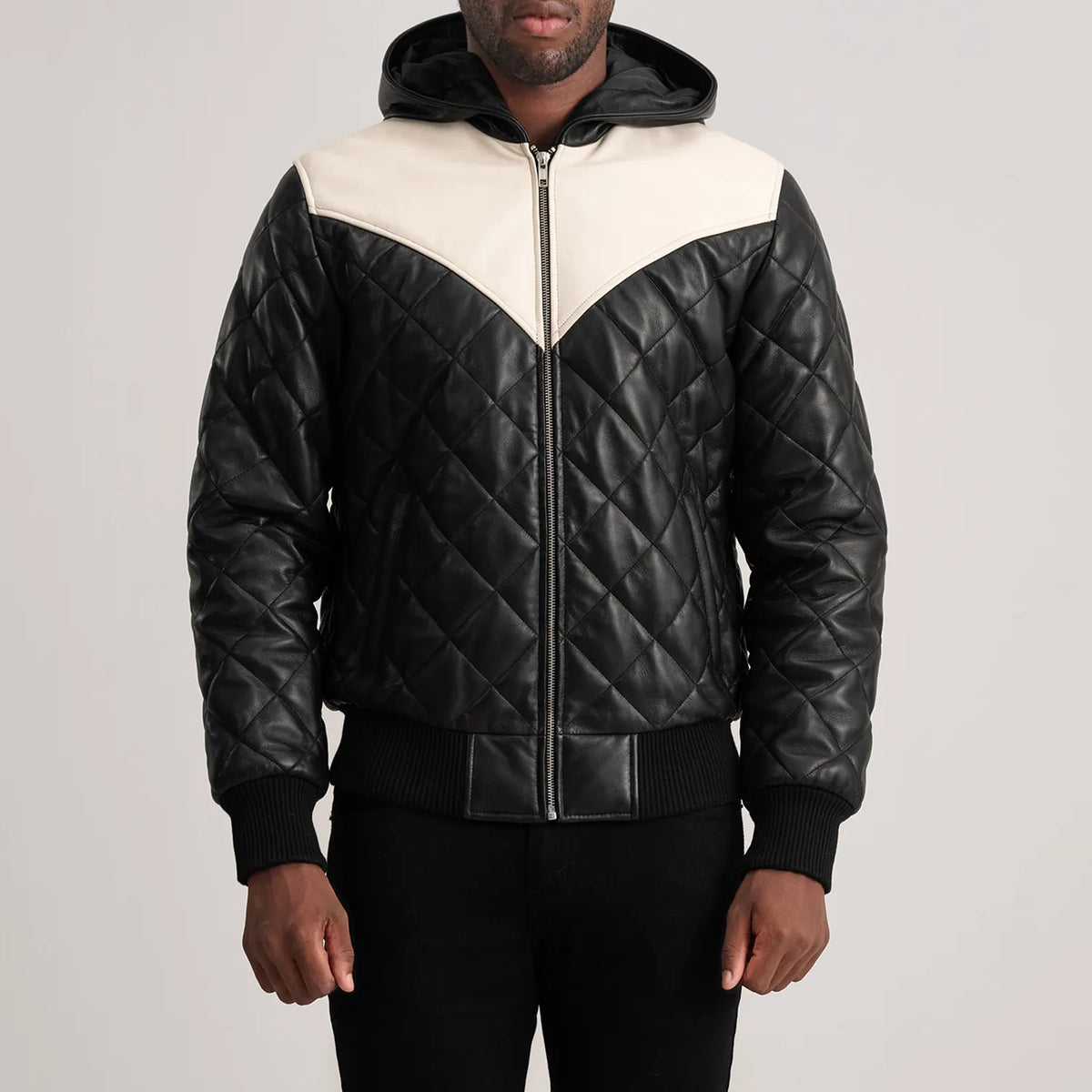 
クローズアップ詳細 of Hooded & Zipper Hardware on Norman Tan Hooded Bomber Leather Puffer Jacket