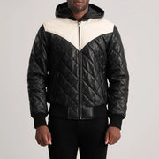 
クローズアップ詳細 of Hooded & Zipper Hardware on Norman Tan Hooded Bomber Leather Puffer Jacket