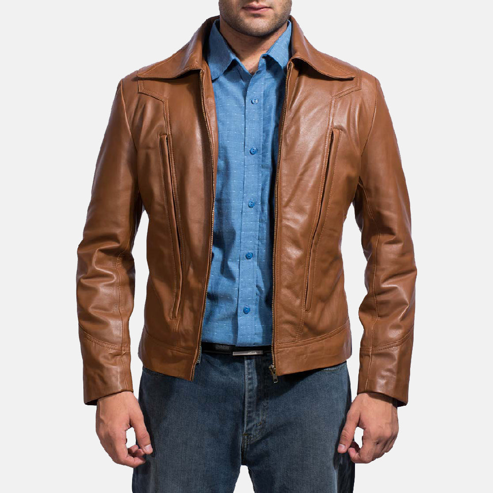 
Old School ブラウン レザージャケット メンズ in Brown Sheepskin Leather - 正面スタイル＆テーラードシルエット | 公式オンライン通販