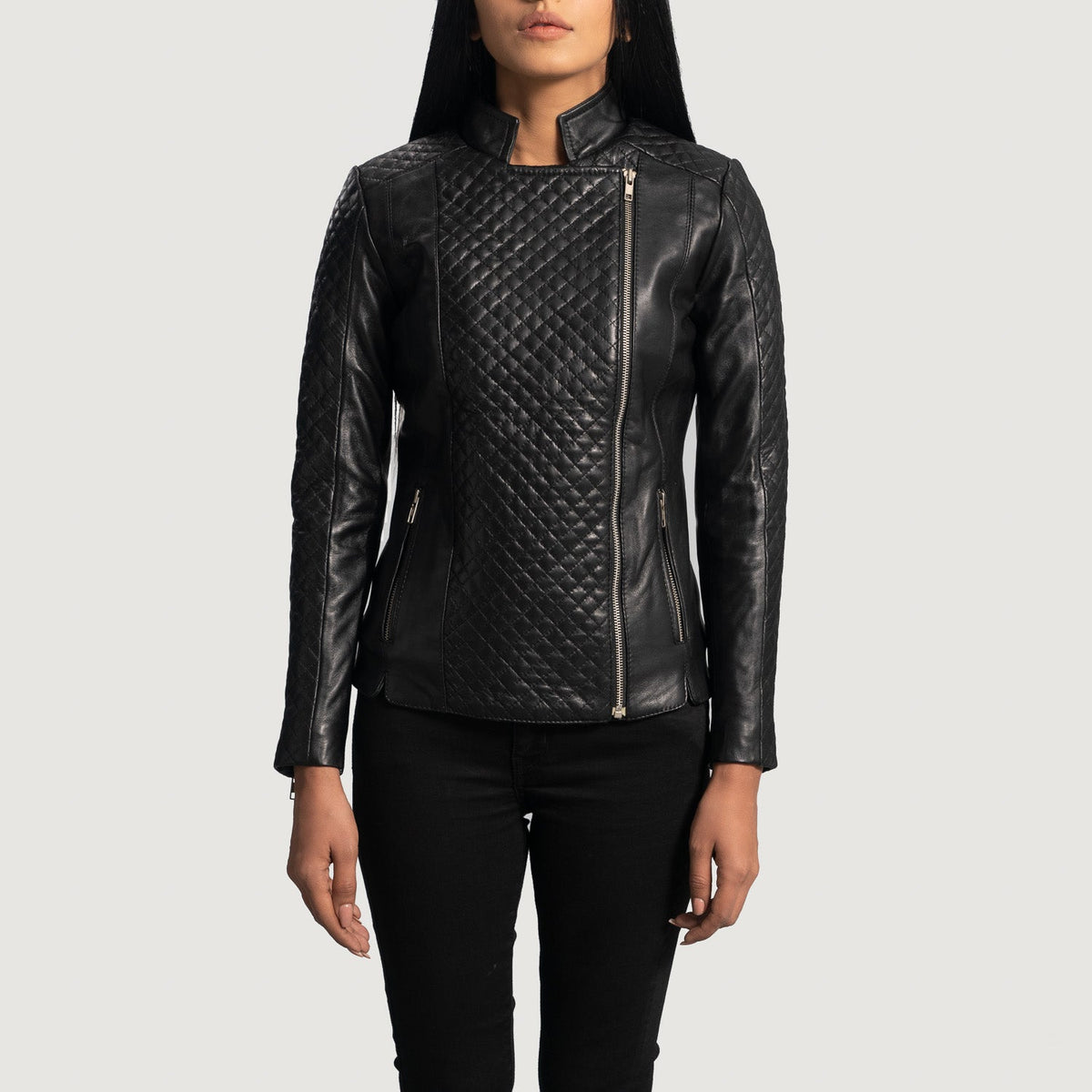 Women's Orient Grain キルティング ブラック レザーライダースジャケット レディース in Black Sheepskin Leather - Front Profile View &amp; Tailored Silhouette | Buy Online