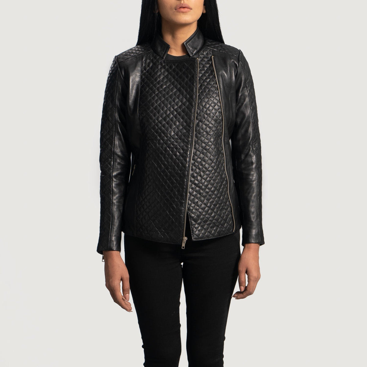 Women's Orient Grain キルティング ブラック レザーライダースジャケット レディース - Lateral Side Profile View Showing Sleeve Cut &amp; Athletic Taper Fit