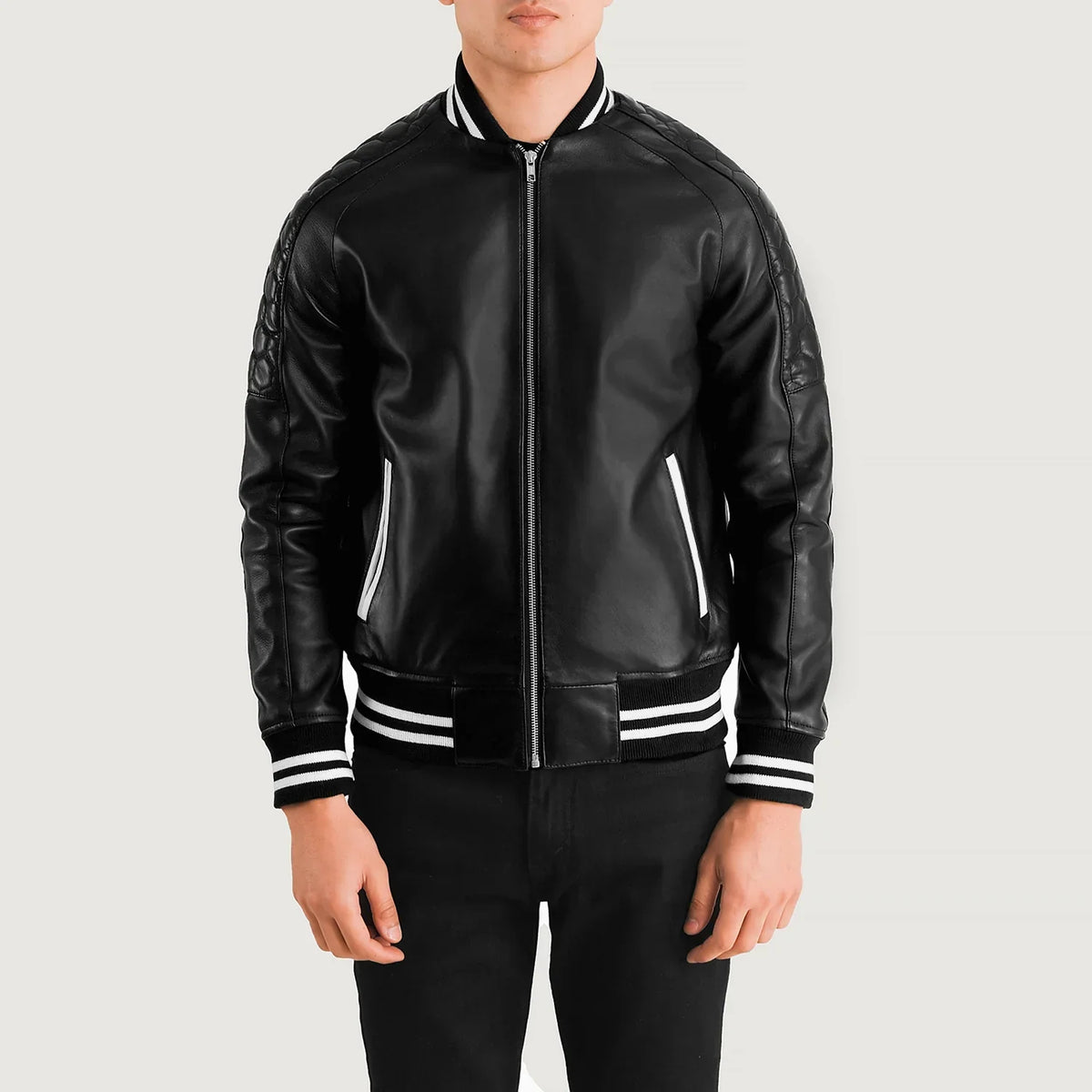 Pascal ブラック Leather Varsity レザージャケット メンズ in Black Sheepskin Leather - Front Profile View &amp; Tailored Silhouette | Buy Online