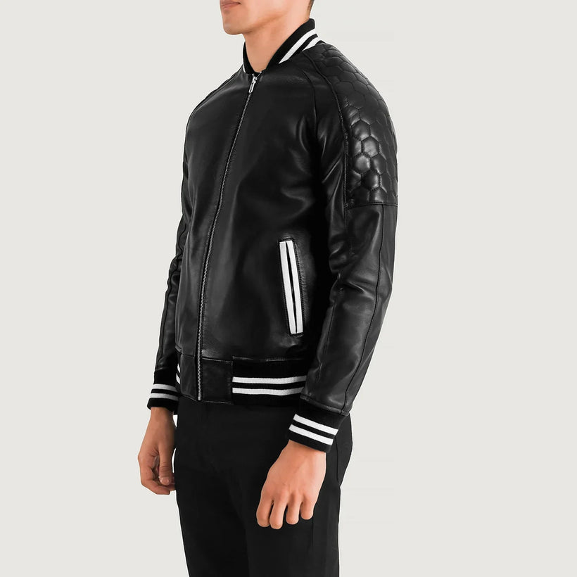 Pascal ブラック Leather Varsity レザージャケット メンズ