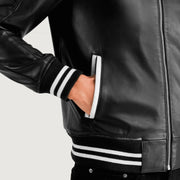 Pascal ブラック Leather Varsity レザージャケット メンズ - Lateral Side Profile View Showing Sleeve Cut &amp; Athletic Taper Fit