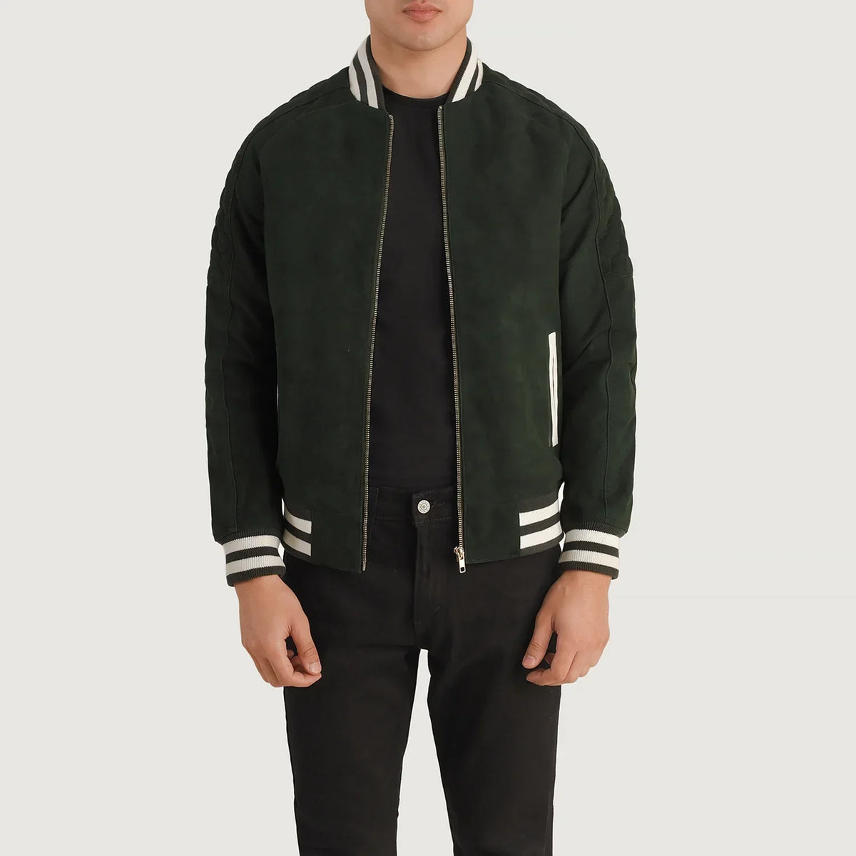 Pascal グリーン Suede Varsity レザージャケット メンズ in Green Goatskin Suede - Front Profile View &amp; Tailored Silhouette | Buy Online