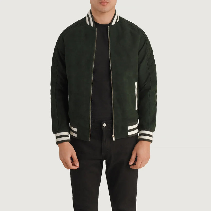 Pascal グリーン Suede Varsity レザージャケット メンズ