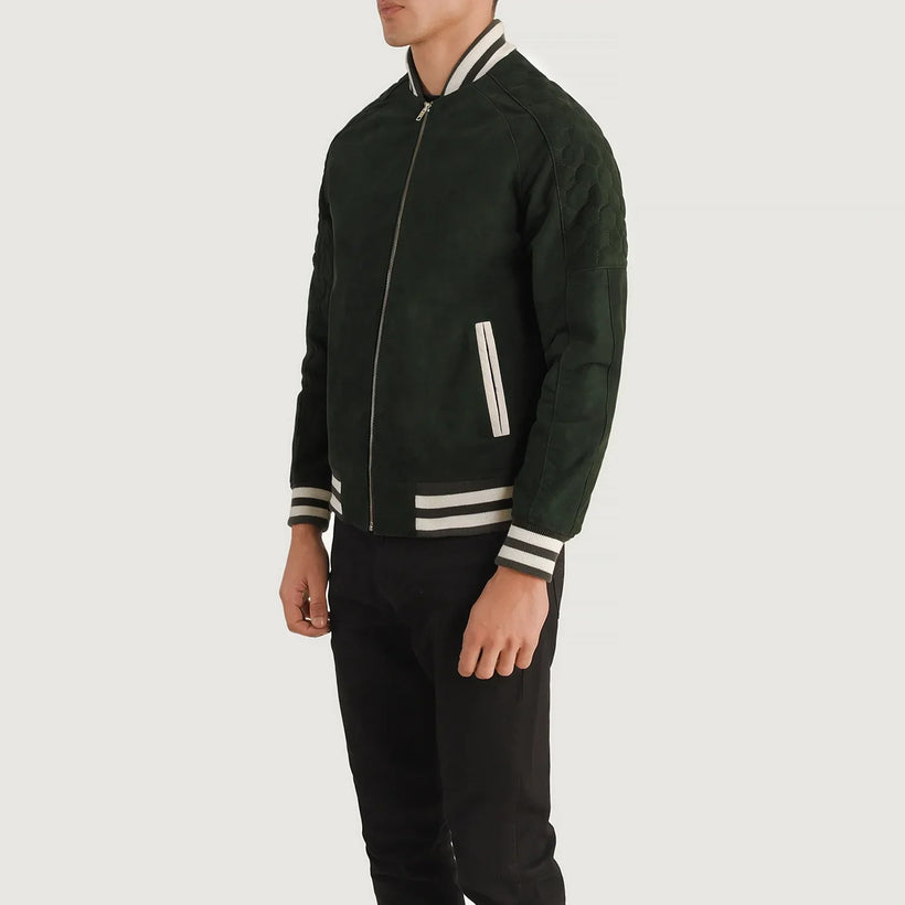 Pascal グリーン Suede Varsity レザージャケット メンズ