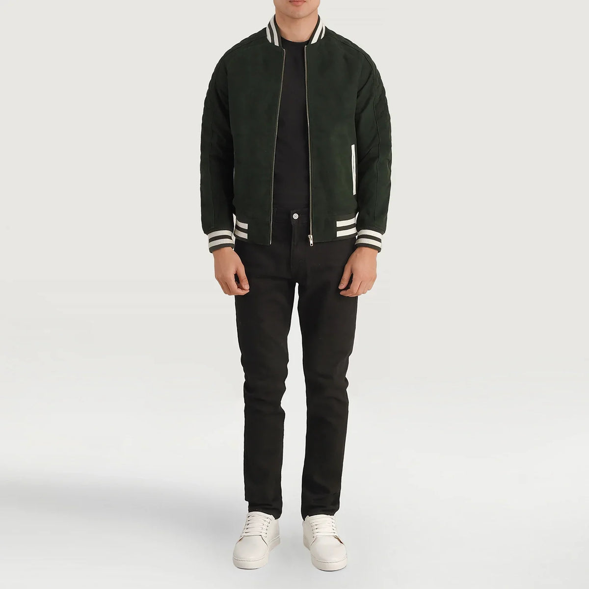 Pascal グリーン Suede Varsity レザージャケット メンズ - Lateral Side Profile View Showing Sleeve Cut &amp; Athletic Taper Fit