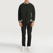 Pascal グリーン Suede Varsity レザージャケット メンズ - Lateral Side Profile View Showing Sleeve Cut &amp; Athletic Taper Fit
