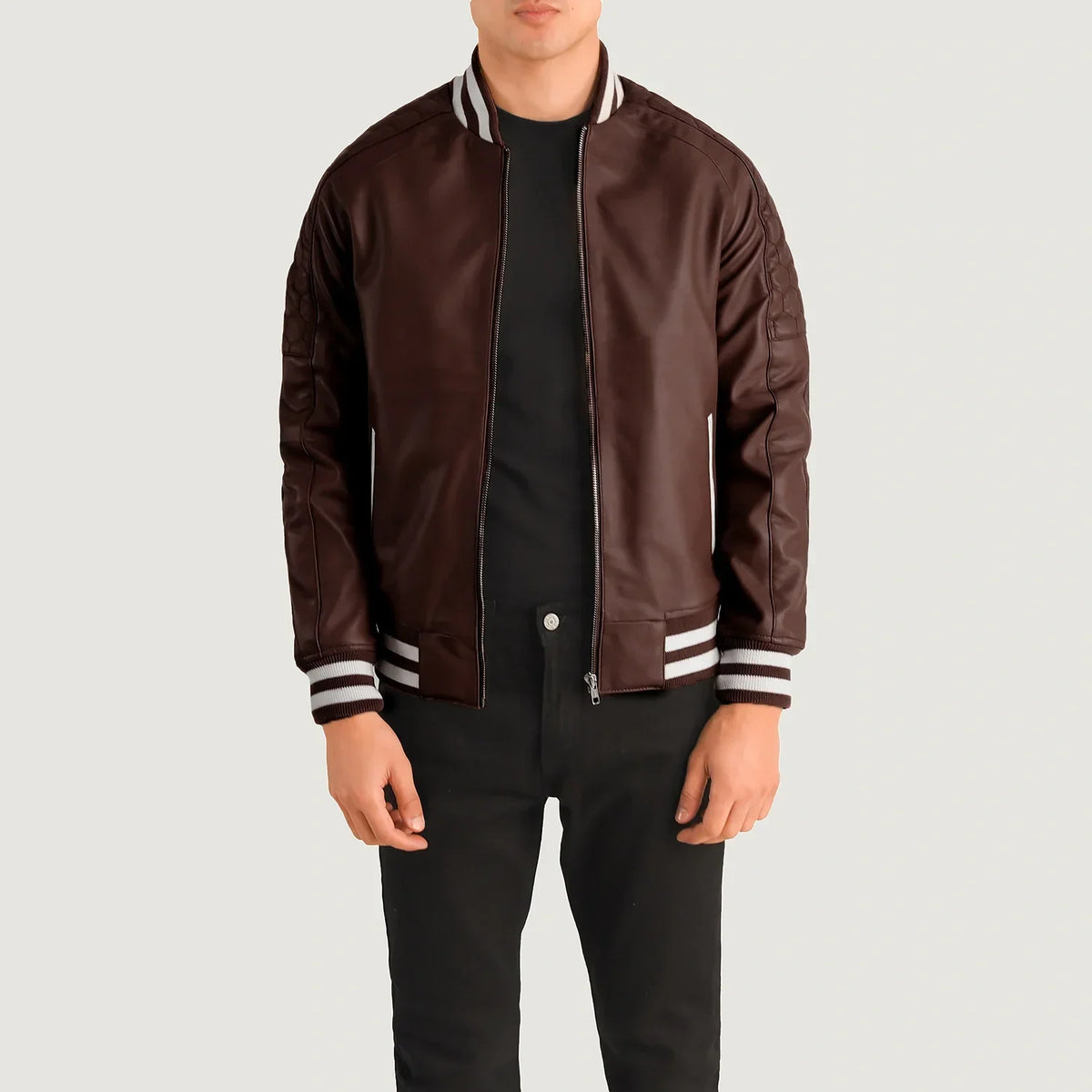 Pascal マルーン Leather Varsity レザージャケット メンズ in Maroon Sheepskin Leather - Front Profile View &amp; Tailored Silhouette | Buy Online