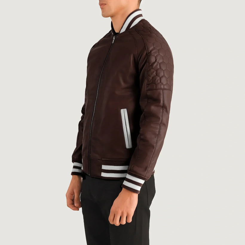 Pascal マルーン Leather Varsity レザージャケット メンズ